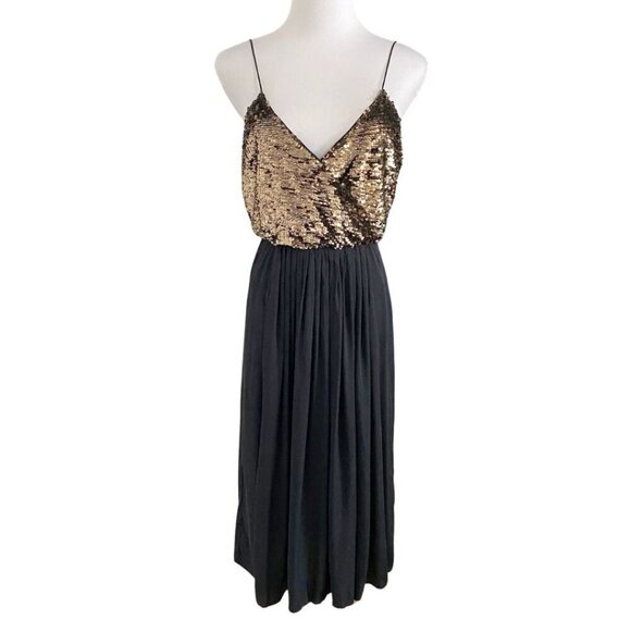 ULLA JOHNSON BLACK SILK GOLD SEQUIN COMBO SPAGHETTI SLEEVE MINI COCKTAIL DRESS - Picture 1 of 9